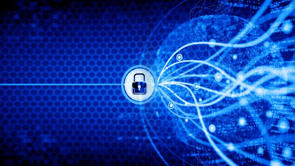 Digital illustration of a padlock symbol at the center, with lines and circuit patterns connecting to a globe, highlighting elements of network security and data protection.