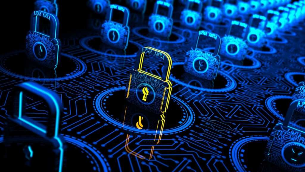 Rows of glowing blue padlocks on a circuit board pattern, with one central padlock highlighted in yellow, symbolize network security and the 4 goals of network security: confidentiality, integrity, availability, and authenticity.