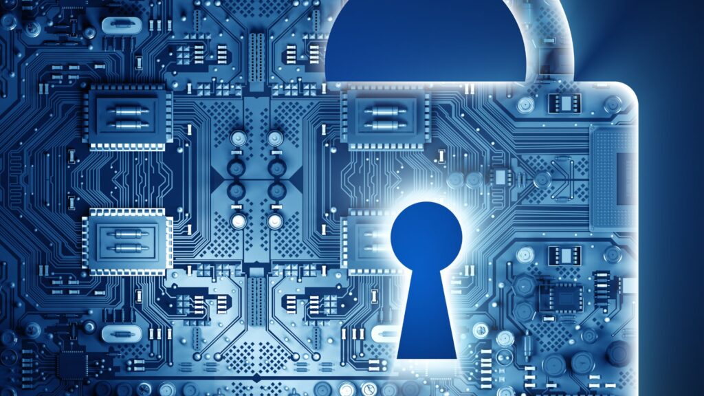 A digital illustration of a circuit board with a large padlock and keyhole, symbolizing cyber security and data protection against cyber risks in the construction industry.