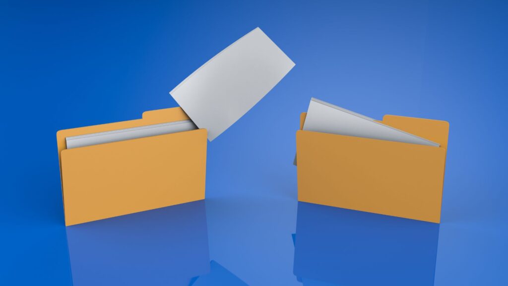Two yellow file folders with papers, one paper being transferred from the left folder to the right, illustrating secure file sharing on a blue background.