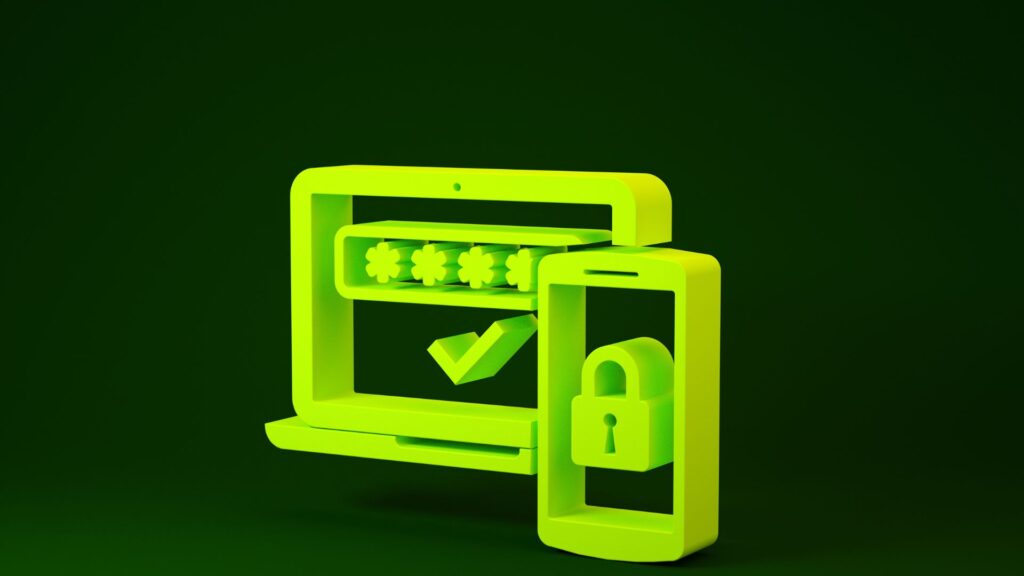 A green 3D illustration of a laptop showing a password entry and checkmark beside a smartphone with a padlock, symbolizing digital security and the process to reset MFA Office 365 or manage two-factor authentication.