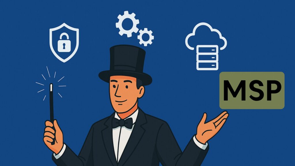 Illustration of a magician in a tuxedo and top hat holding a wand, surrounded by icons for security, gears, cloud storage, and the letters "MSP," representing a Magic Service Provider on a blue background.