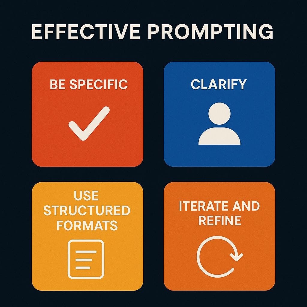 Infographic titled “Effective Prompting” features prompt engineering tips: Be Specific, Clarify, Use Structured Formats, and Iterate and Refine—each in colored boxes with simple icons to help unlock AI potential.