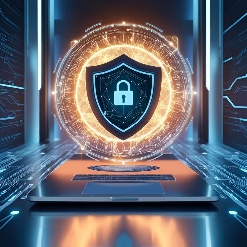 A laptop on a digital platform with a glowing shield and padlock symbol, representing data security and protection when using public AI models.