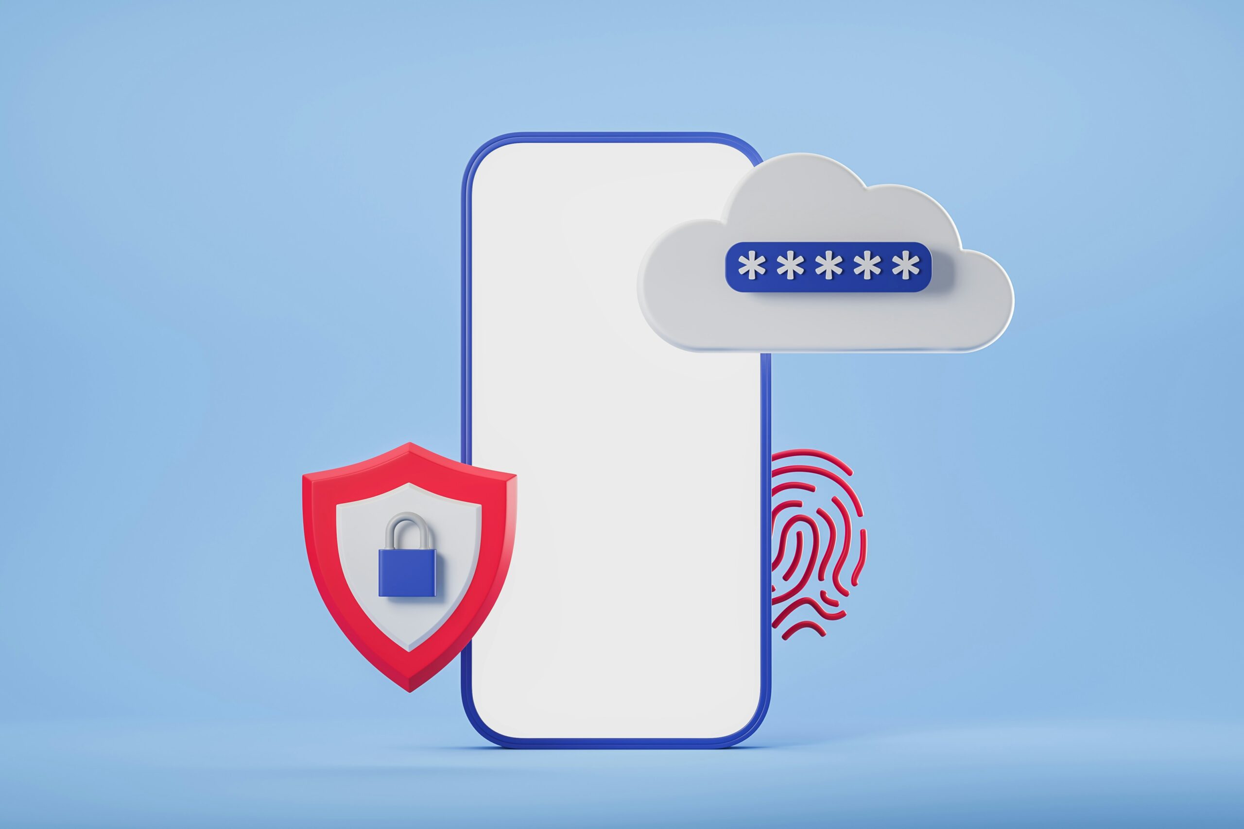 A smartphone outline features a shield with a lock icon, alongside a fingerprint and a cloud symbol obscuring password characters, all symbolizing example of conditional access policy.